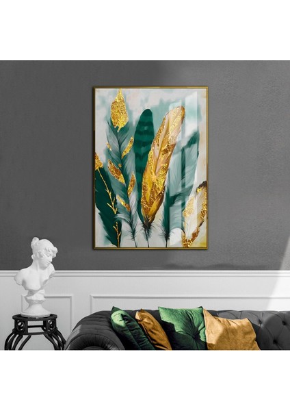 gri-Yeşil-Gold Renkli Tüy Modeli |çerçeveli Temperli Cam Tablo Tekli Dikey