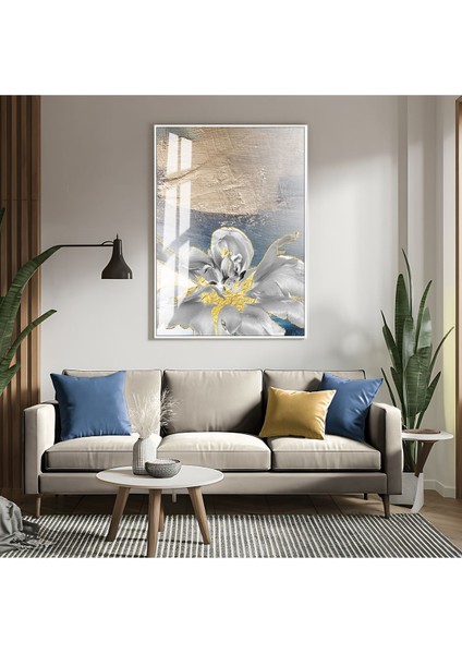 |soft Gri-Gold-Krem Çiçek Detaylı Model Iı |çerçeveli Temperli Cam Tablo Tekli Dikey