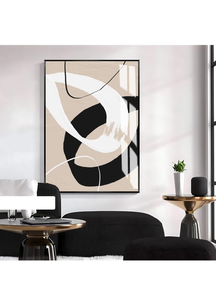 bej-Siyah-Krem Soyut Model Iı |çerçeveli Temperli Cam Tablo Tekli Dikey