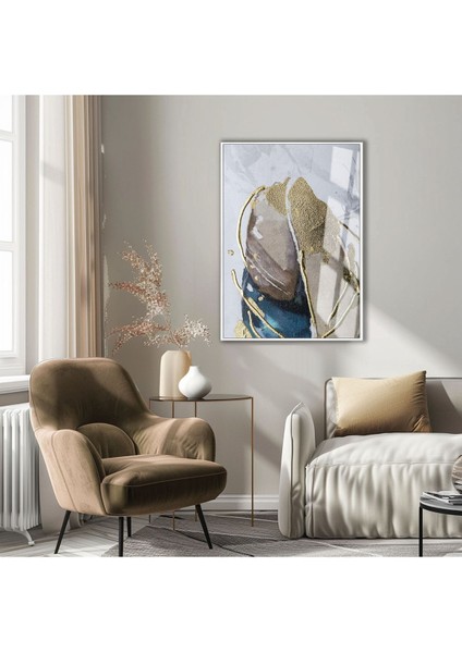 |gri-Gold Soft Yaprak Desenli Model 1|çerçeveli Temperli Cam Tablo Tekli Dikey