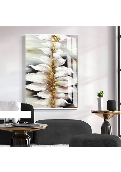 gold-Beyaz Çiçek Soyut Model |çerçeveli Temperli Cam Tablo Tekli Dikey