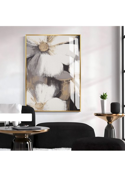 soyut Gri-Beyaz Çiçek Model 2|çerçeveli Temperli Cam Tablo Tekli Dikey