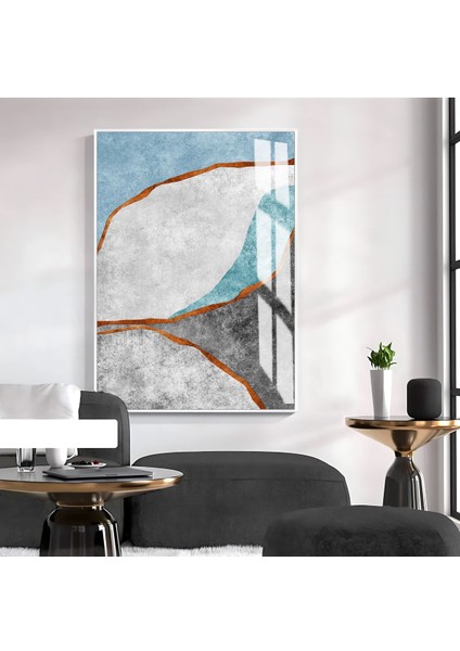 soyut Gri-Gold-Mavi Elegant Sevilen Desen 02 |çerçeveli Temperli Cam Tablo Tekli Dikey