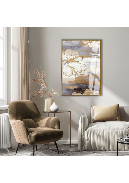 |krem-Gold Soyut Çiçek Desenli Model I |çerçeveli Temperli Cam Tablo Tekli Dikey