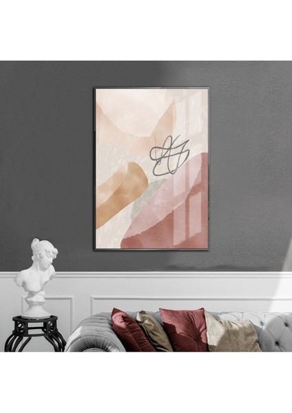 krem-Pembe-Beyaz Soyut Desenli Model 2 |çerçeveli Temperli Cam Tablo Tekli Dikey