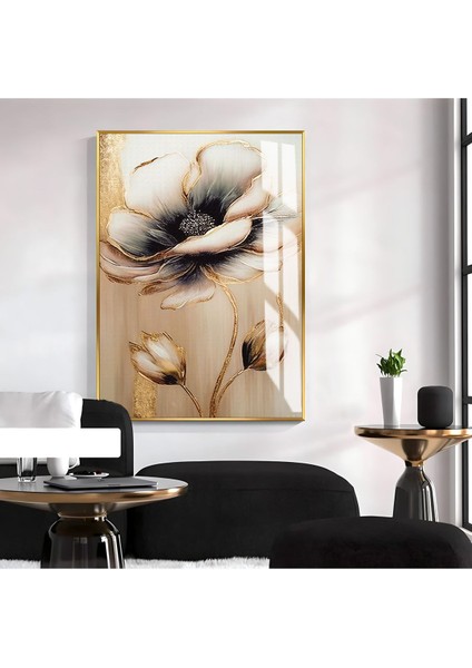 krem Çiçek Desenli Model 01|çerçeveli Temperli Cam Tablo Tekli Dikey