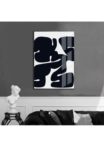 beyaz-Siyah Soyut Model 14 |çerçeveli Temperli Cam Tablo Tekli Dikey