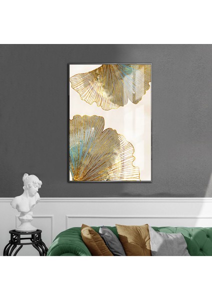 turkuaz Gold Sonsuzluk Çiçek Yaprak 2|çerçeveli Temperli Cam Tablo Tekli Dikey