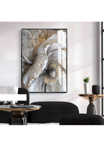 gri-Gold Soft Çiçek Desenli Model|çerçeveli Temperli Cam Tablo Tekli Dikey