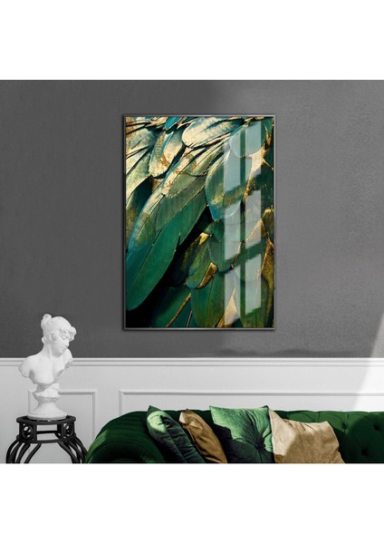 yeşil-Gold Kuş Tüyü Desenli Model |çerçeveli Temperli Cam Tablo Tekli Dikey