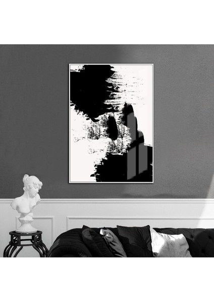 siyah-Beyaz Soyut Abstract Model 002 |çerçeveli Temperli Cam Tablo Tekli Dikey