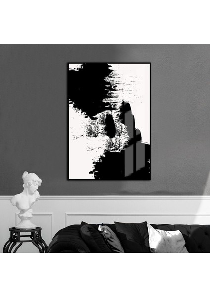 siyah-Beyaz Soyut Abstract Model 002 |çerçeveli Temperli Cam Tablo Tekli Dikey