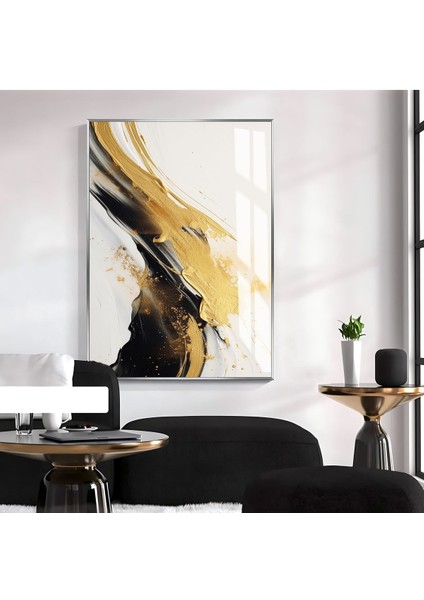 gold-Siyah-Beyaz Soyut Desenli Model 01 |çerçeveli Temperli Cam Tablo Tekli Dikey