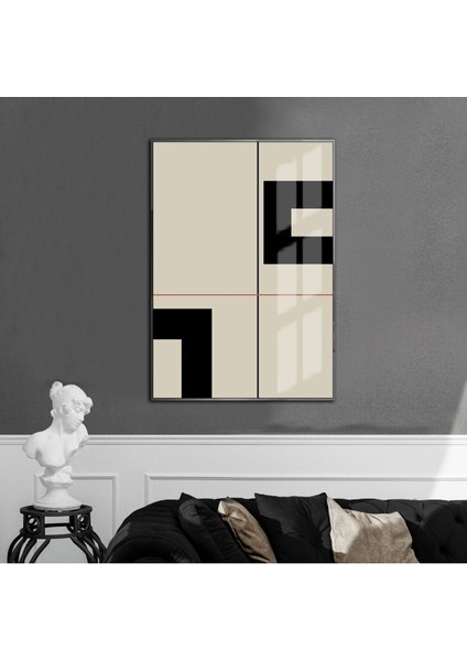 krem-Siyah Abstract Modeli 02 |çerçeveli Temperli Cam Tablo Tekli Dikey