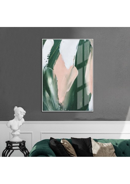 zümrüt Yeşil-Beyaz Soyut Desenli Model 1 |çerçeveli Temperli Cam Tablo Tekli Dikey