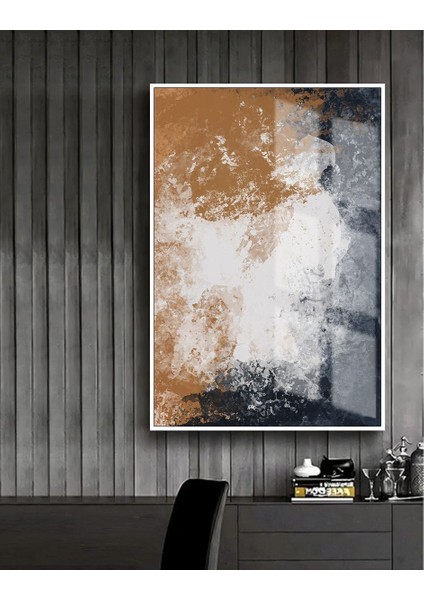 turuncu-Lacivert Soyut Modeli 1 |çerçeveli Temperli Cam Tablo Tekli Dikey