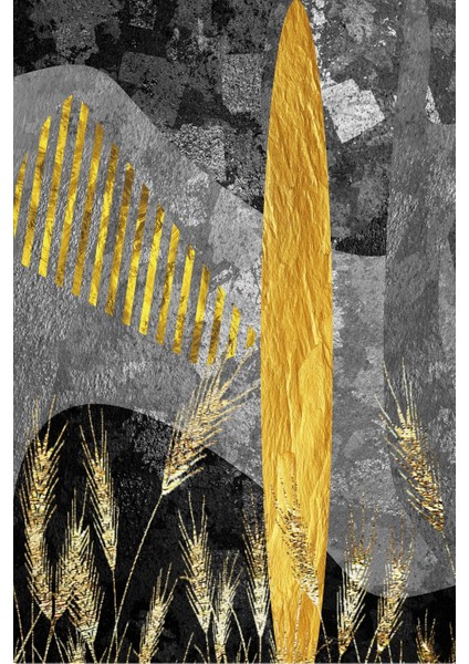 gold-Siyah-Gri Soyut Yaprak Desenli Model 01 |çerçeveli Temperli Cam Tablo Tekli Dikey fiyatları