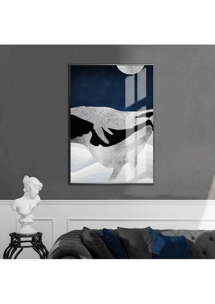 mavi-Gri-Siyah Yunus Detaylı Model 1 |çerçeveli Temperli Cam Tablo Tekli Dikey