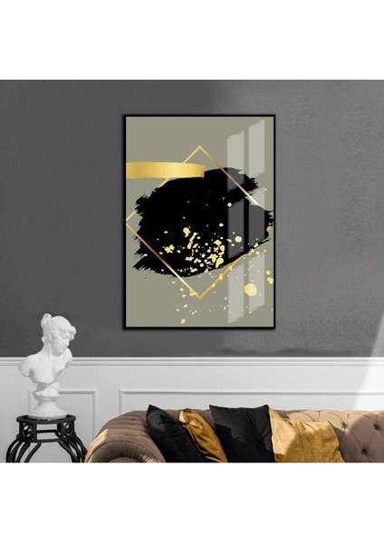 siyah-Gold-Gri Soyut Desenli Model 04 |çerçeveli Temperli Cam Tablo Tekli Dikey