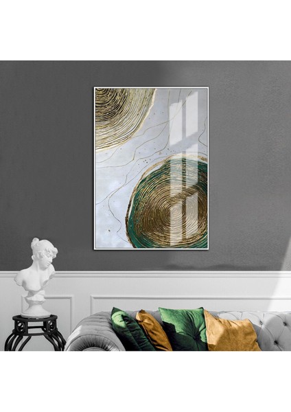 yeşil-Gold Soyut Yuvarlak Desenli Model|çerçeveli Temperli Cam Tablo Tekli Dikey