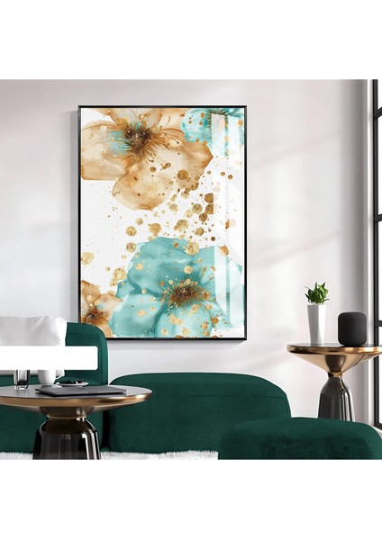 yeşil-Gold Çiçek Desenli Model 03 |çerçeveli Temperli Cam Tablo Tekli Dikey