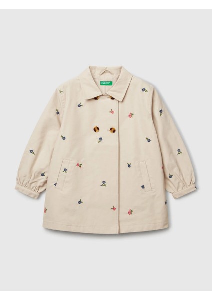 Benetton Kız Çocuk Çiçekli Trençkot 1-6 Yaş Bej