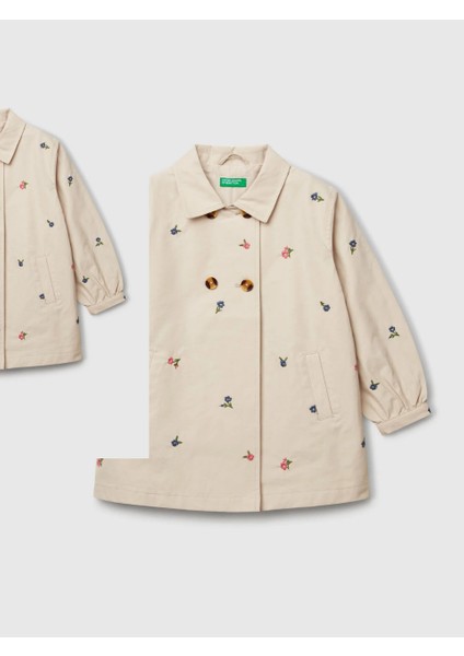 Benetton Kız Çocuk Çiçekli Trençkot 1-6 Yaş Bej