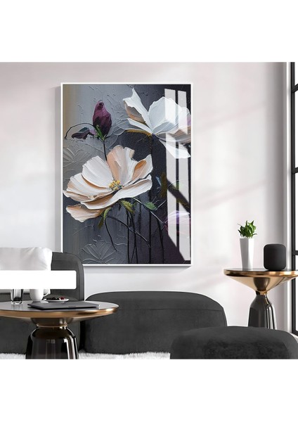 mor Krem Renkli Çiçekli Model 1|çerçeveli Temperli Cam Tablo Tekli Dikey