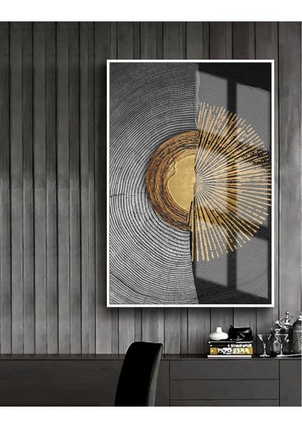 gold-Siyah-Gri Etnik Soyut Model 1 |çerçeveli Temperli Cam Tablo Tekli Dikey