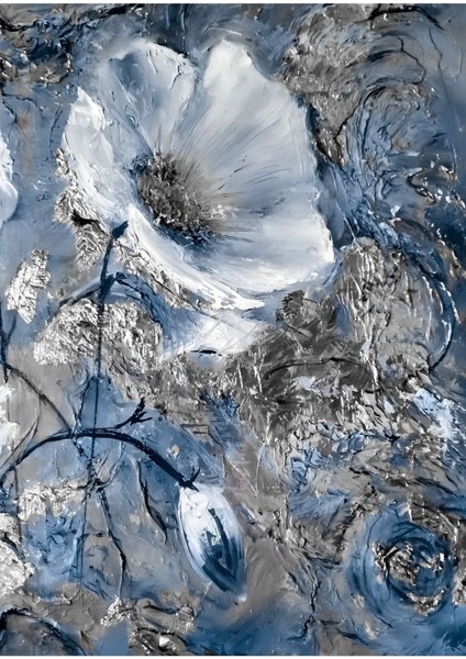 lacivert-Gümüş Çiçek Tablosu 11 |çerçeveli Temperli Cam Tablo Tekli Dikey fiyatları