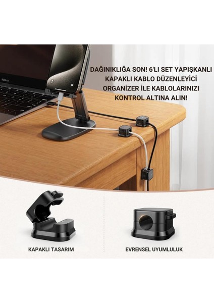 6 Adet Set Yapışkanlı Klips Kapaklı Kablo Düzenleyici Organizer, Ev, Ofis, Kablo Düzenleyici