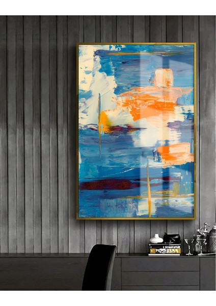 mavi-Turuncu-Sarı Soft Soyut Model 2 |çerçeveli Temperli Cam Tablo Tekli Dikey