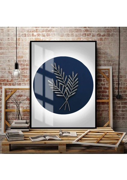 lacivert-Gümüş Sonsuzluk Çiçek Kombini Orta |çerçeveli Temperli Cam Tablo Tekli Dikey