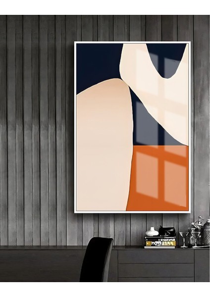 krem-Mavi-Turuncu Soyut Modeli 2 |çerçeveli Temperli Cam Tablo Tekli Dikey
