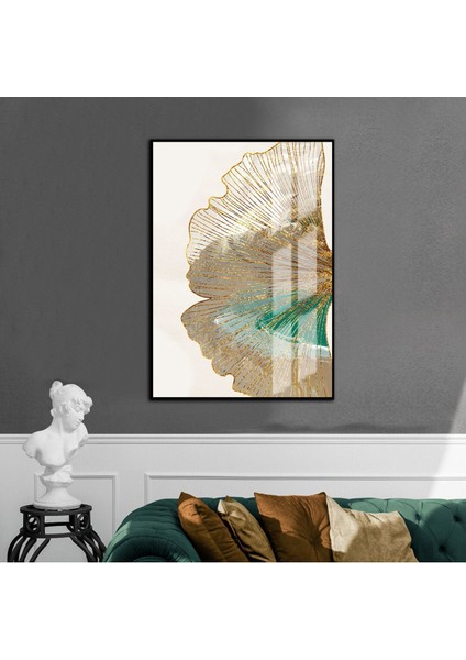 yeşil-Krem-Gold Yaprak Modeli 1 |çerçeveli Temperli Cam Tablo Tekli Dikey