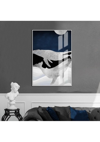 mavi-Gri-Siyah Yunus Detaylı Model 1 |çerçeveli Temperli Cam Tablo Tekli Dikey