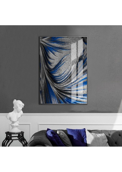 mavi-Gri-Gümüş Kabartmasız Soyut Model 6 |çerçeveli Temperli Cam Tablo Tekli Dikey