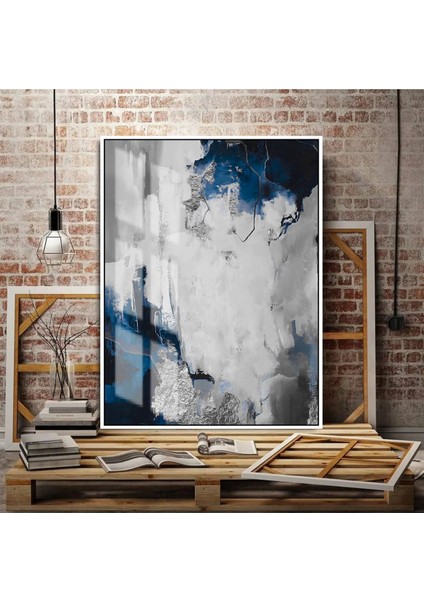 lacivert-Gümüş Sevilen Tüy-Soyut Tablosu Sağ |çerçeveli Temperli Cam Tablo Tekli Dikey