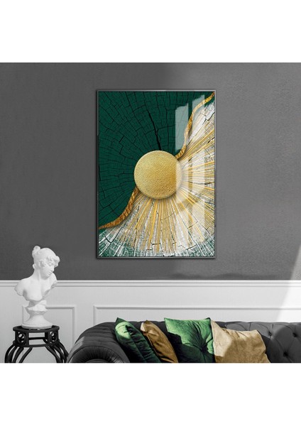 gri-Yeşil-Gold Etnik Soyut Modeli 2 |çerçeveli Temperli Cam Tablo Tekli Dikey