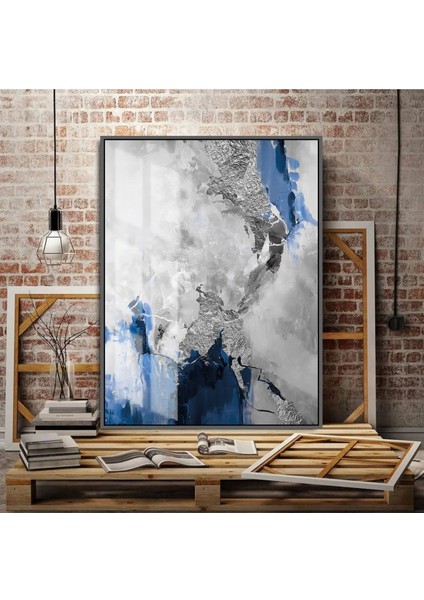 lacivert-Gümüş Sevilen Tüy-Soyut Tablosu Sol |çerçeveli Temperli Cam Tablo Tekli Dikey