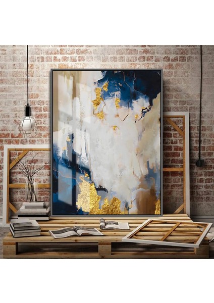 lacivert-Gold Tüy-Soyut Sağ |çerçeveli Temperli Cam Tablo Tekli Dikey