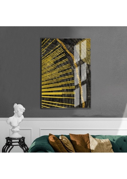 siyah-Gold Çizgili Soyut Model |çerçeveli Temperli Cam Tablo Tekli Dikey