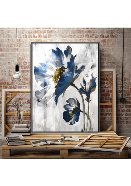 lacivert-Gold Sevilen Çiçeği Kombini Sol |çerçeveli Temperli Cam Tablo Tekli Dikey