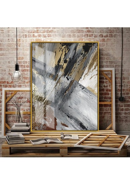 gri-Gold Soyut Şekil 01 |çerçeveli Temperli Cam Tablo Tekli Dikey