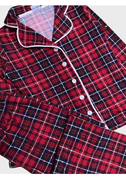 Kız Çocuk %100 Pamuklu Kırmızı Ekose Desenli Uzun Kollu Gömlek Yaka Düğmeli Pijama Takımı modelleri