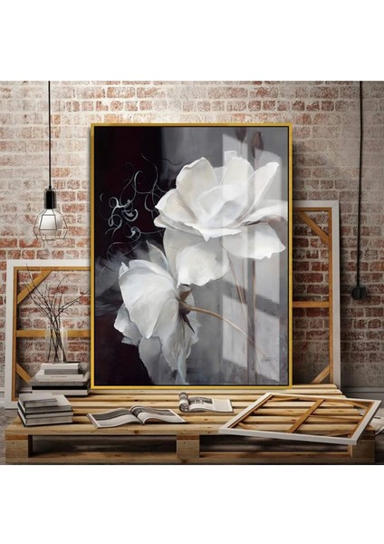 beyaz-Gri-Gold En Sevilen Çiçek Tablosu |çerçeveli Temperli Cam Tablo Tekli Dikey