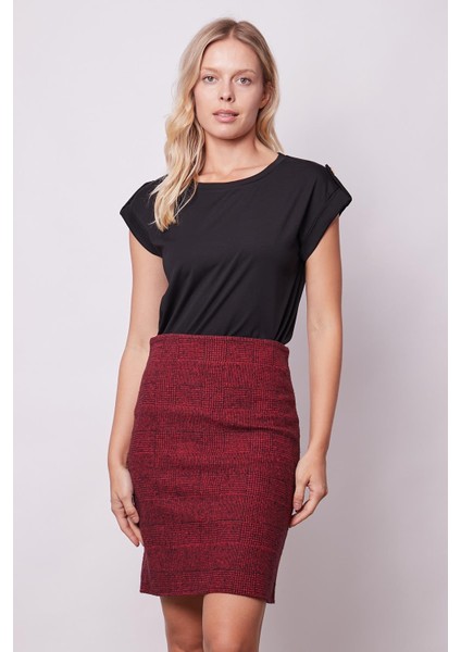 Kadın Kaliteli Likrasız Span Kumaş Geniş Sıfır Yaka Duble Kollu Apoletli Düğmeli T-Shirt Bluz-Siyah