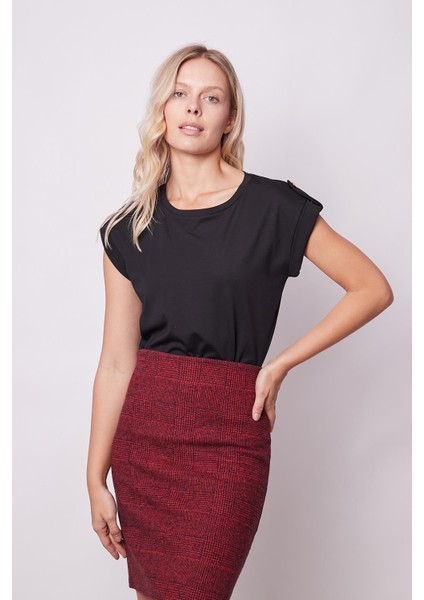 Kadın Kaliteli Likrasız Span Kumaş Geniş Sıfır Yaka Duble Kollu Apoletli Düğmeli T-Shirt Bluz-Siyah modelleri