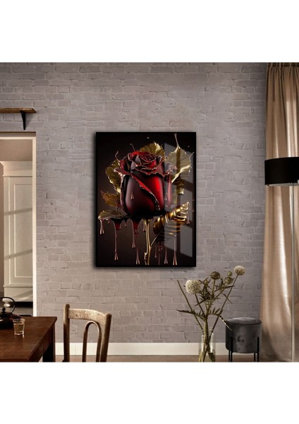 çiçek Tablosu Soyut Çiçek Gold Kırmızı |çerçeveli Temperli Cam Tablo Tekli Dikey