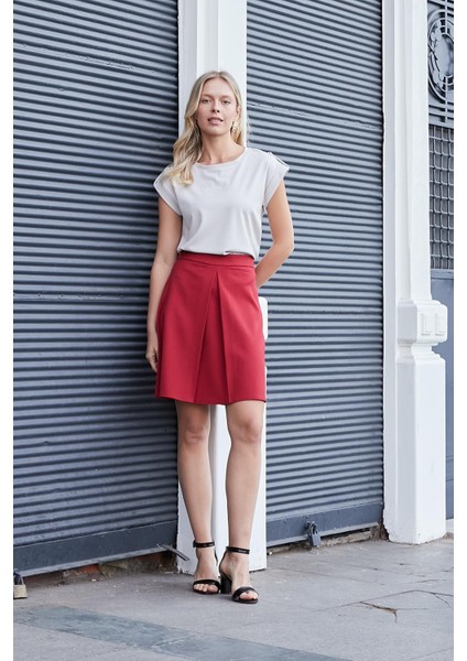 Kadın Kaliteli Likrasız Span Kumaş Geniş Sıfır Yaka Duble Kollu Apoletli Düğmeli T-Shirt Bluz-Taş